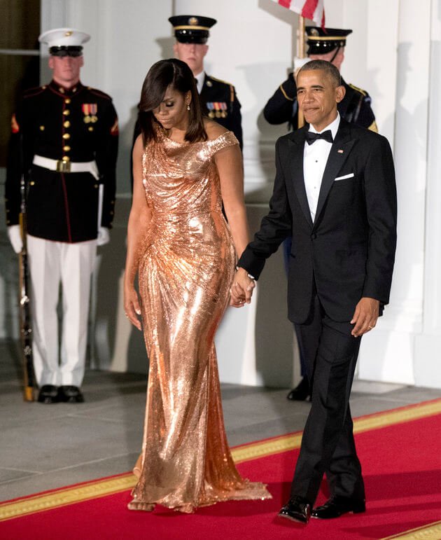 michelle obama gold dress Wears Atelier Versace To Final State Dinner michelle obama yellow dress